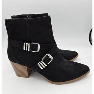 Sun Stone Black Ankle Booties Stacked Heel Buckle Accents Women's 9M NEW IN BOX
